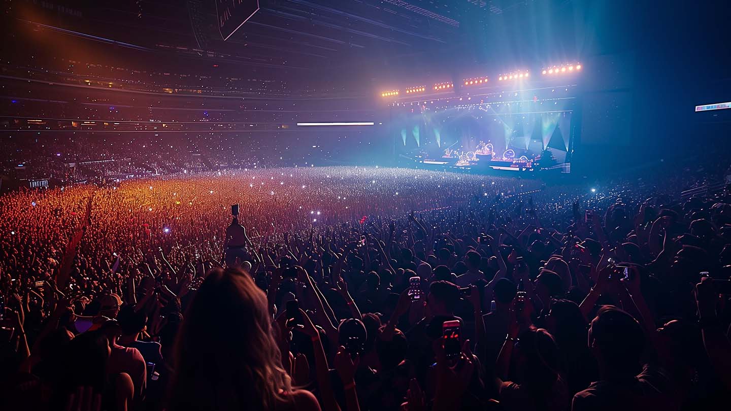 Concert in auditorium with large crowd